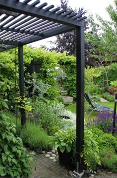 an outdoor garden with lots of plants and flowers on the ground, along with a pergolated trellis