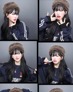 four pictures of a woman with long black hair wearing a fur hat and posing for the camera