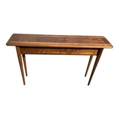 a wooden table with two drawers on one end and an open drawer on the other side