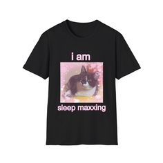 Cute eepy cat with "i am sleep maxxing" text. Great for a coquette, plastic core, and lobotomy core look.  The unisex soft-style t-shirt puts a new spin on casual comfort. Made from very soft materials, this tee is 100% cotton for solid colors. Heather colors and sports grey include polyester. The shoulders have twill tape for improved durability. There are no side seams. The collar is made with ribbed knitting to prevent curling damage.  .: Made with 100% ring-spun cotton, a lightweight fabric Black Short Sleeve Sleep T-shirt, Short Sleeve Sleep T-shirt With Graphic Print, Short Sleeve Letter Print Sleep T-shirt, Short Sleeve Graphic Print Sleep T-shirt, Eepy Cat, Lobotomy Core, Cat Shirt, Style T Shirt, Cat Shirts