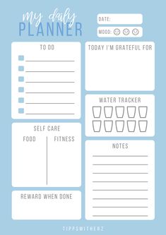 a blue and white planner with text that says, my daily planner to do today i'm grateful for