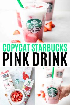 starbucks pink drink with strawberries in it and text that reads copycat starbuckss pink drink