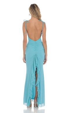 Mesh Open Back Maxi Dress in Aqua Backless Blue Prom Dresses, Turquoise Blue Formal Dress, Prom Dress Aqua Green, Prom Dress Aqua Blue, Open Back Blue Prom Dress, Formal Dresses Turquoise, Aqua Blue Dress Gowns, Aqua Prom Dress, Aqua Bridesmaid Dresses