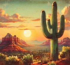 a painting of a cactus and mountains at sunset