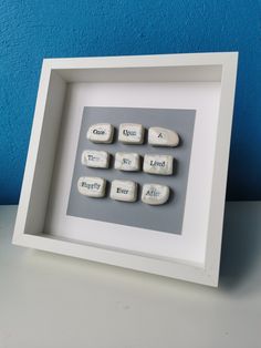 a white frame with some typewriter keys in it