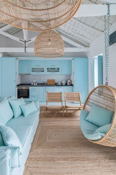 a living room filled with furniture and blue walls