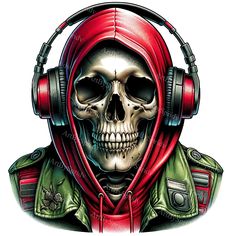 a skull wearing headphones with a red hoodie and ear muffs in front of it