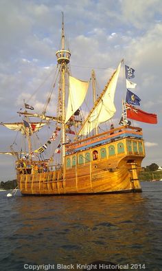 a large wooden pirate ship floating on top of the ocean next to a flag pole