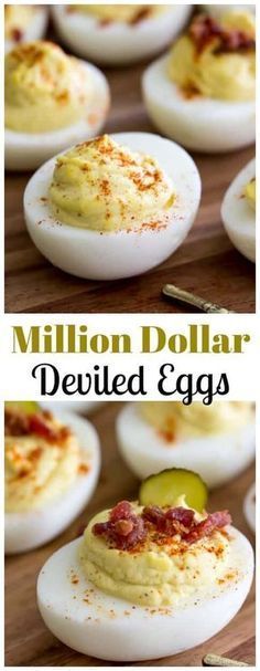 deviled eggs are stuffed with bacon and cheese for an easy appetizer or side dish