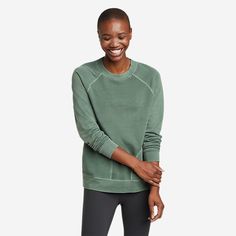 Women's Mineral Wash Terry Crew Sweatshirt | Eddie Bauer Fall Outdoor Sportswear Tops, Solid Cotton Sweatshirt For Outdoor Activities, Cotton Long Sleeve Everyday Activewear, Outdoor Crew Neck Sweatshirt In Athleisure Style, Solid Sweatshirt With Ribbed Cuffs For Outdoor Activities, Cotton Relaxed Fit Sweats For Sports, Relaxed Fit Cotton Sweats For Sports, Comfy Green Cotton Top, Casual Tops For Fall Hiking