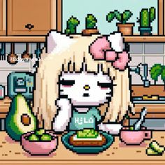 an image of a cat that is eating some food in the kitchen with sushi and avocado