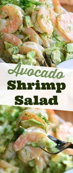 shrimp salad with broccoli and cucumbers in a white bowl