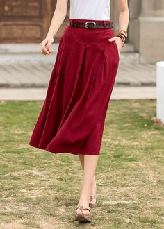 "DETAIL * 50% linen, 50% cotton * Two side pockets * Back Elastic waist * Below knee length * A linen skirt * Plus size skirt * Perfect for summer, spring * Wash by hand or machine with cold water * The model is 170cm (5′ 7″) tall with a 80cm (31.5\") bust, 66cm (26\") waist. She is wearing a XS in red. * Choose CUSTOM Order if you Can't find your size in our size Chart Chang the Length Your Height is not Between 5'1\" - 5\"9\" Your weight is not Between 47 kg - 75 kg SIZE GUIDE Size vary betwee Cotton Midi Skirt With Pockets, Solid Color Midi Skirt With Pockets, Cotton Flared Skirt With Pockets, Cotton Pleated Skirt With Pockets And Relaxed Fit, Cotton Pleated Skirt With Pockets, Cotton Skirted Bottoms With Pockets, Solid Cotton Skirt With Pockets, Cotton Flared Skirt With Side Pockets, Workwear Full Skirt With Pockets