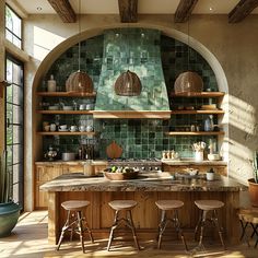 a kitchen with green tiled walls and wooden counters, stools at the island counter