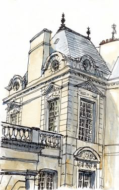 an ink drawing of a building with a clock on it's roof and balcony