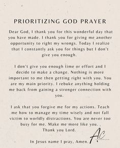 a prayer card with the words prioritizing god prayer written in cursive writing