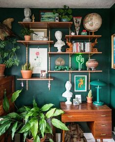 a room with green walls and shelves filled with plants