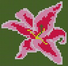 a cross - stitch pattern of a red and white flower on a green background with yellow dots