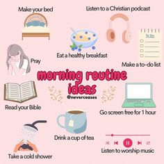 a pink poster with words about morning routine ideas and other things to do in the morning