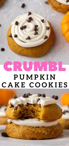 pumpkin cookies with white frosting and chocolate chips on top are stacked next to each other