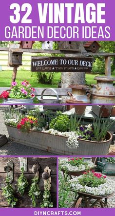 an old wheelbarrow filled with flowers and potted plants is the focal point for this garden decor idea