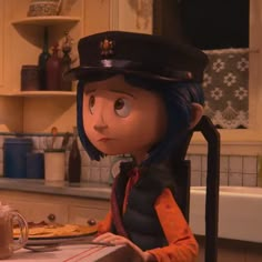 an animated character sitting at a kitchen table