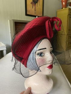 Incredible tall red hat with a veil over the eyes. Veil has a couple of small rips, but is otherwise in excellent shape Hat With Veil, Bugs And Insects, Red Hat, Oct 1, Rhinestone Brooches, Red Hats, Shiny Silver, Lincoln, Veil