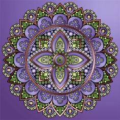 an intricate purple and green flower design on a purple background with lots of small details