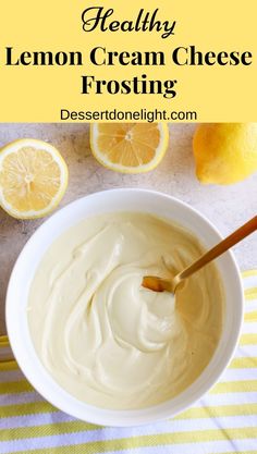 lemon cream cheese frosting in a white bowl