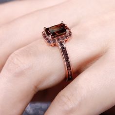 Jeulia "Delicious Coffee" Halo Emerald Cut Sterling Silver Ring - Jeulia Jewelry Chocolate Diamond Ring Engagement, Jeulia Jewelry, Chocolate Diamond Ring, Brown Diamond Ring, Delicious Coffee, Chocolate Diamonds, Brown Diamond, Radiant Cut, Pretty Rings