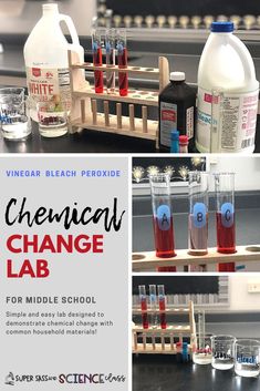 the science lab is full of chemicals and liquids for chemical experiment experiments, including vinegar, bleach, and water