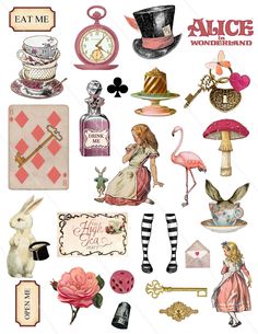 an image of alice and the wonderland tea party stickers on a white background with pink flowers