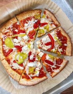 a pizza sitting on top of a paper plate covered in cheese and toppings,