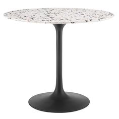 a white table with black base and dots on it