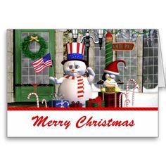 a merry christmas card with a snowman and penguin in front of a storefront