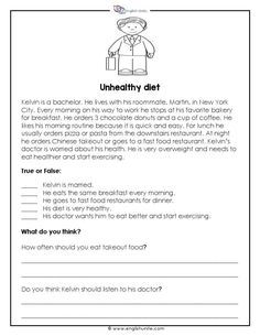 an unhealthy diet worksheet for kids to help them learn how to eat