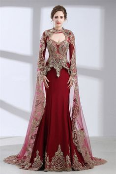 Mermaid Front Cut Out Burgundy Satin Gold Lace Evening Prom Dress With Cape#burgundy#eveningdresses#cape جورج حبيقة, Gold Prom Dress, Linen Wedding Dress, Gold Prom, Mermaid Evening Gown, Dress Muslim