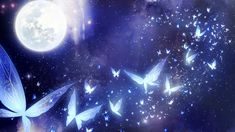 butterflies flying in the night sky with a full moon behind them