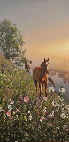 a painting of two horses on a hill with flowers in the foreground and birds flying overhead