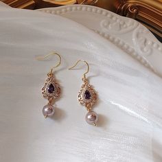 Material Sterling Silver Earring Hooks Cubic Zirconia Freshwater Pearls 14k Gold Plated Synthetic Amethyst Elegant Crystal Jewelry, Baroque Earrings, Drop Pearl Earrings, Pearl Amethyst, Teardrop Diamond, Pretty Accessories, Lace Earrings, Gothic Accessories, Purple Pearl