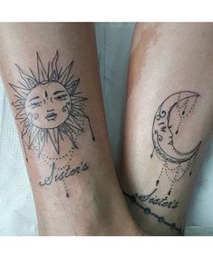 two sun and moon tattoos on both legs