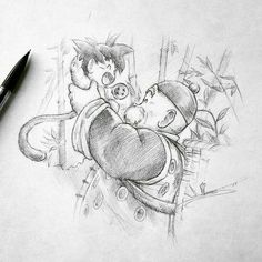 a pencil drawing of two cartoon characters hugging each other on a piece of paper next to a pen