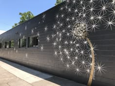 a black building with white flowers painted on it's side and the words dandelion written in gold