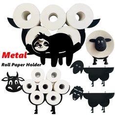 several different types of toilet paper holders with animals and sheeps on the top one