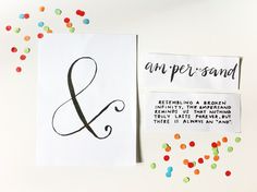 two different types of wedding cards with confetti scattered around them and an amper's hand