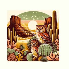 an owl and her baby are sitting on the cactus in front of a full moon