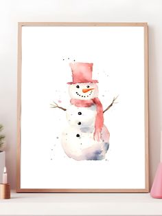 a watercolor painting of a snowman wearing a red hat and scarf, sitting on a shelf