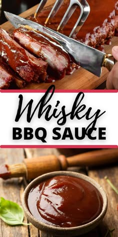 bbq sauce in a bowl with ribs on the side and text whiskey bbq sauce