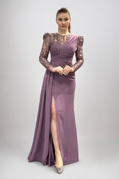 Dress Design For Bridesmaid, Latest Long Dress Designs, Bridesmaid Gown With Sleeves Classy, Gown Sleeves Design, Lilac Dress Outfit Wedding, Long Straight Gown, Elegant Bridesmaid Dresses Classy, Latest Designs Of Dresses, Straight Gown Styles