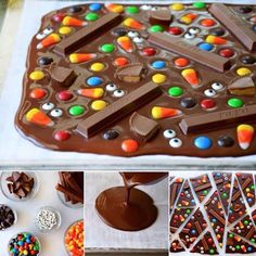 a close up of a chocolate cake with candy and candies on it's surface